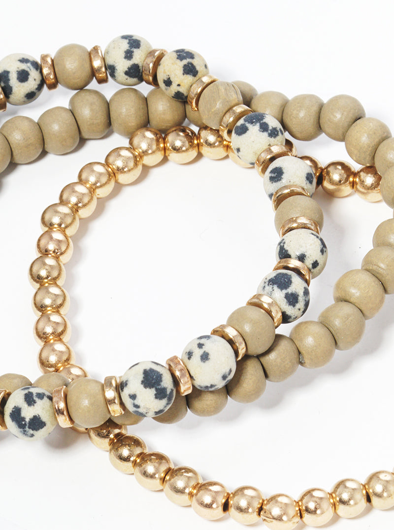 Semi Precious Woods Metal Ball Beads Tri Rows Stretch Bracelet