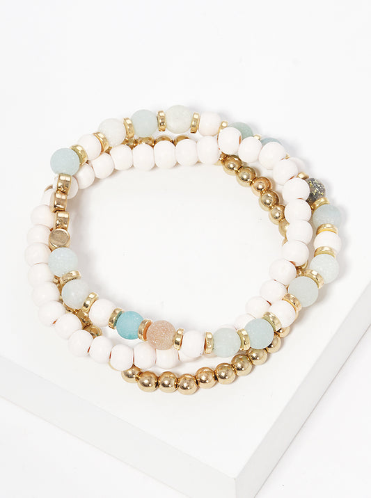 Semi Precious Woods Metal Ball Beads Tri Rows Stretch Bracelet