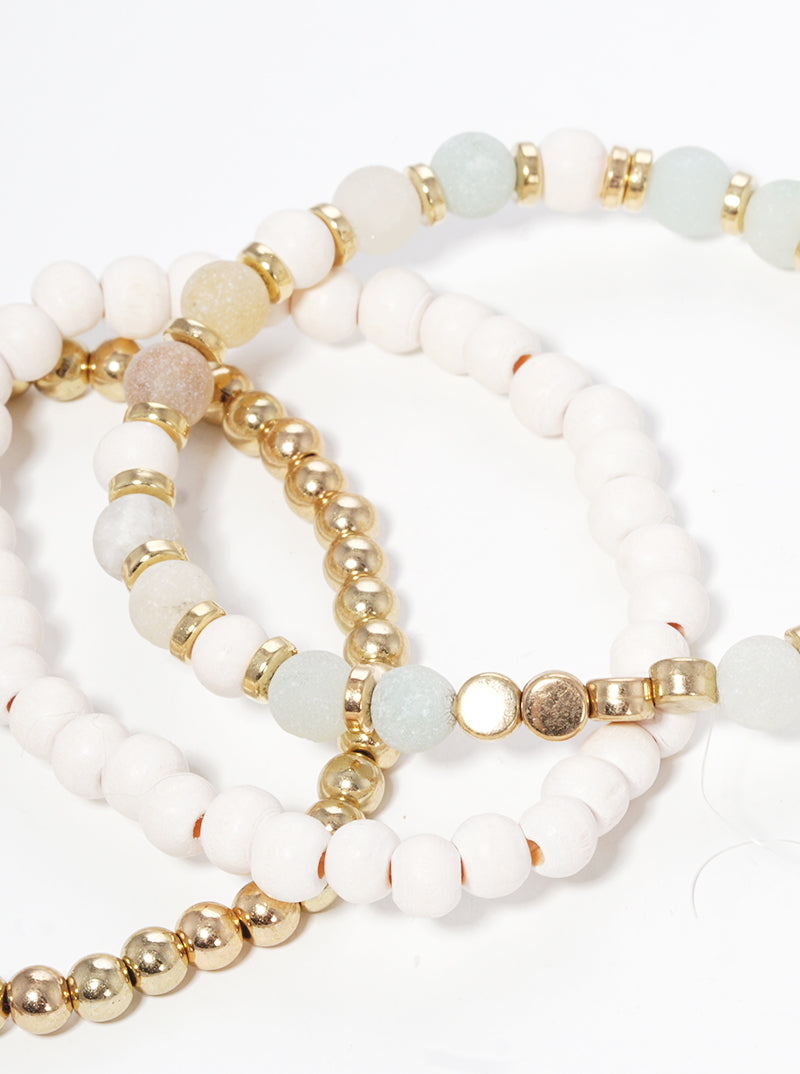 Semi Precious Woods Metal Ball Beads Tri Rows Stretch Bracelet
