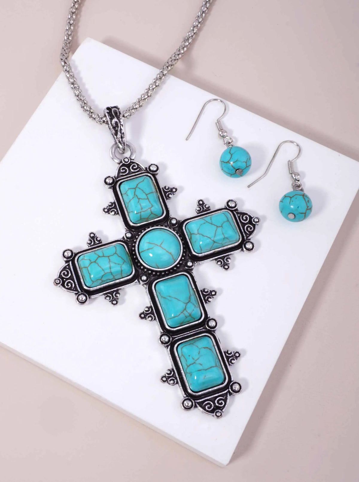 Semiprecious Stone Cross Pendant Necklace Set