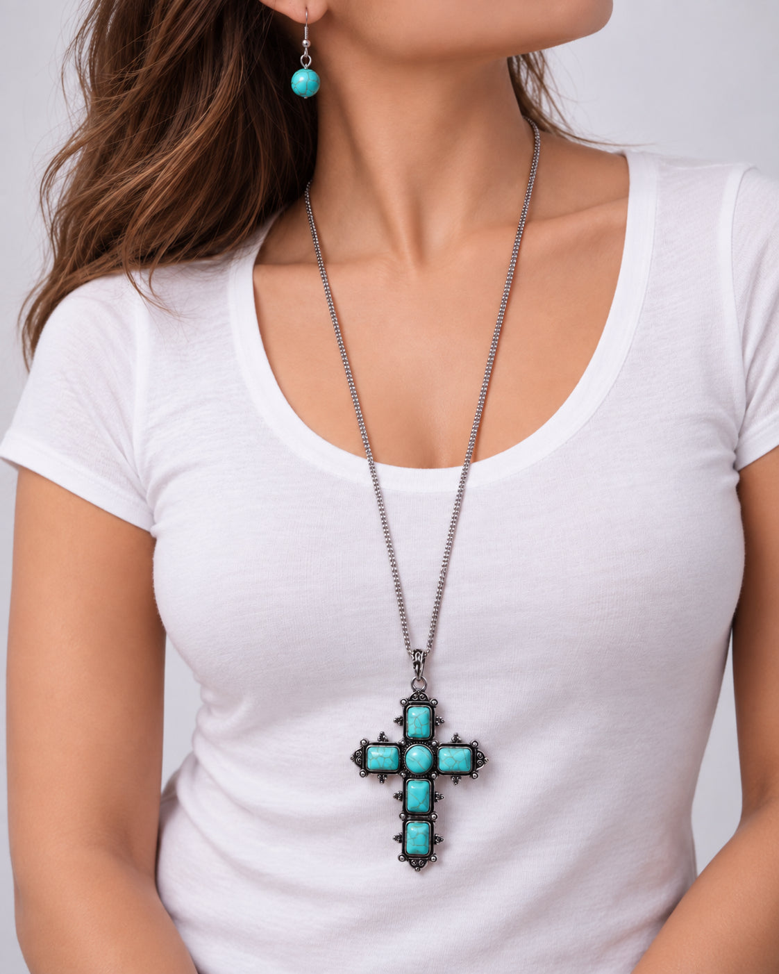 Semiprecious Stone Cross Pendant Necklace Set