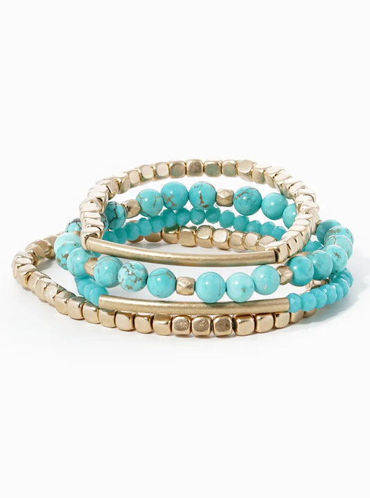 Semiprecious Stones And Brass Pipes Metal Stretch Bracelets Set