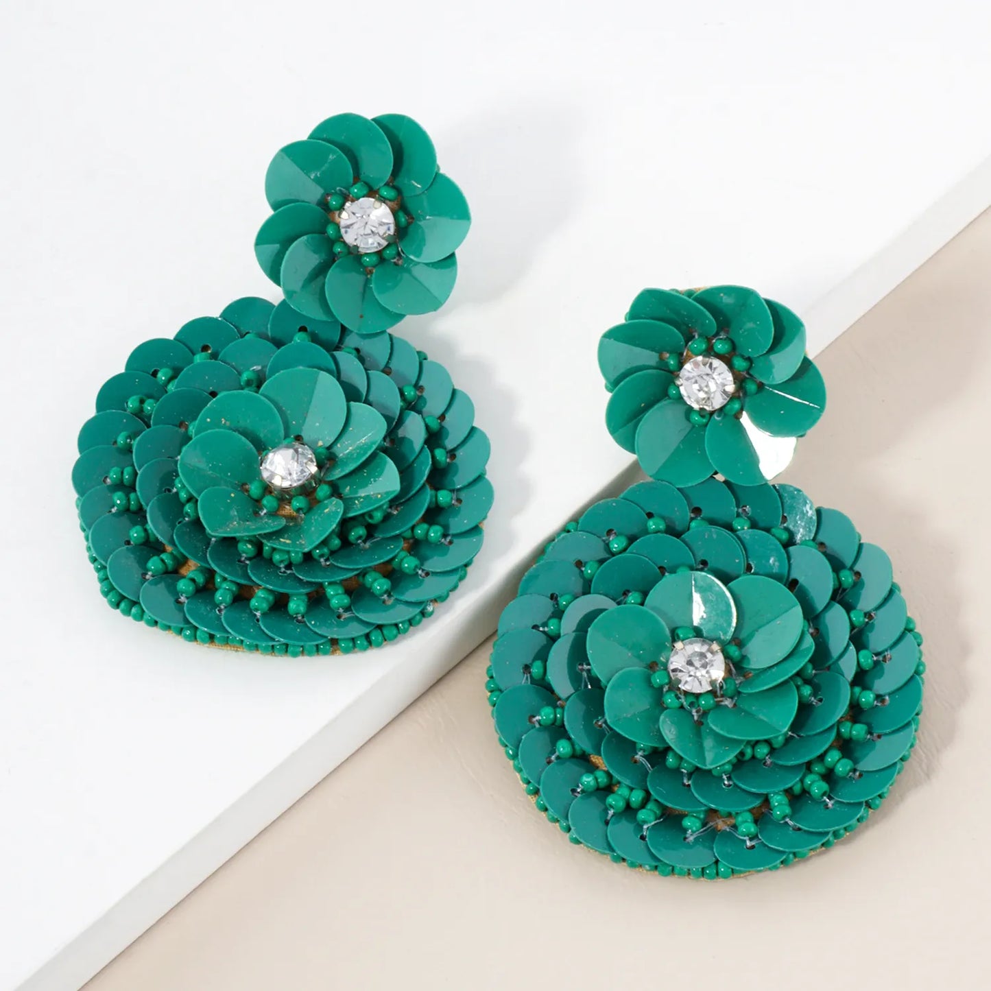 Sequin Seed Beaded Floral Statement Earrings