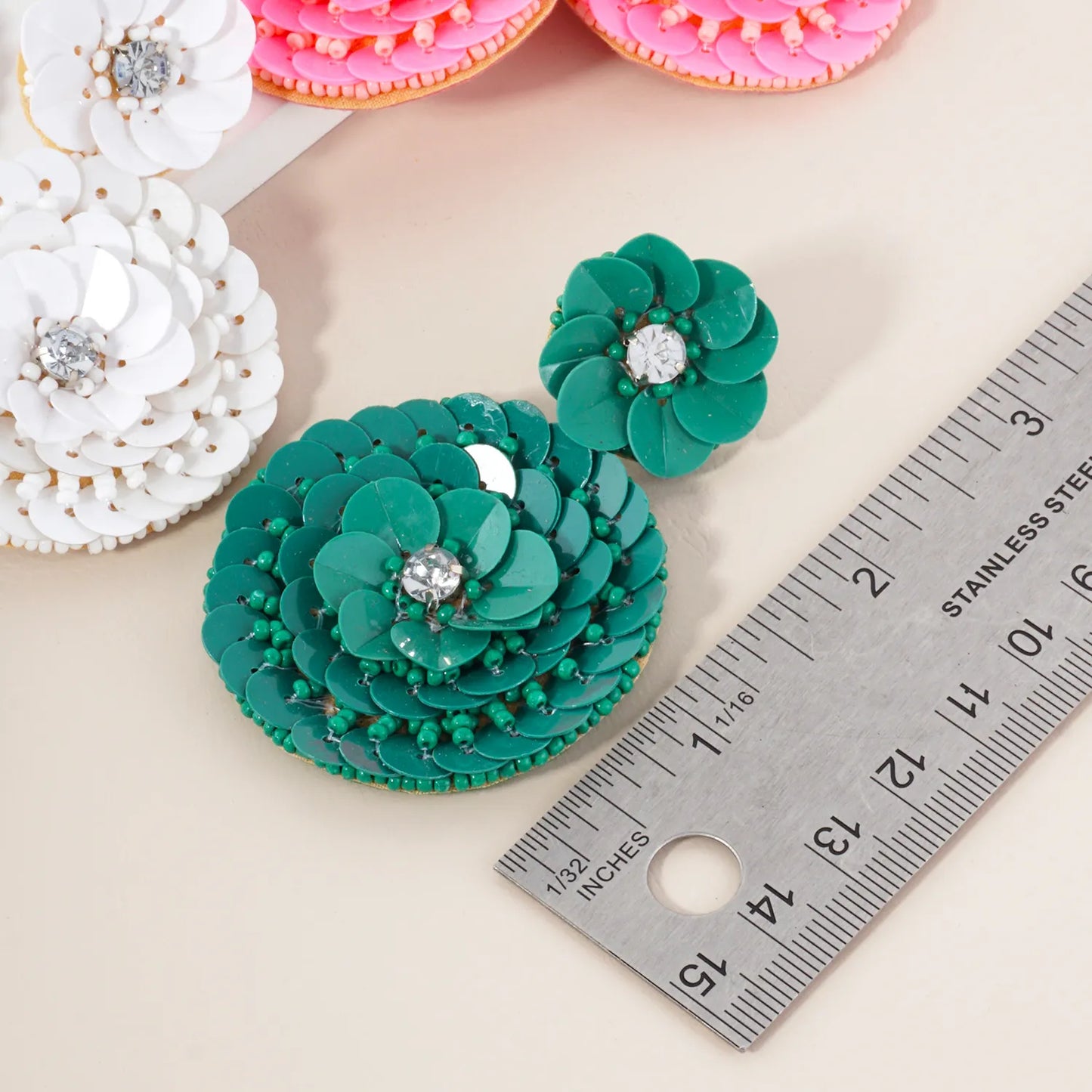 Sequin Seed Beaded Floral Statement Earrings