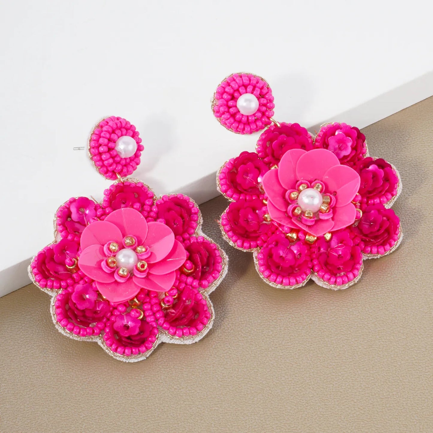 Sequin Seed-Beaded Flower Drop Statement Earrings
