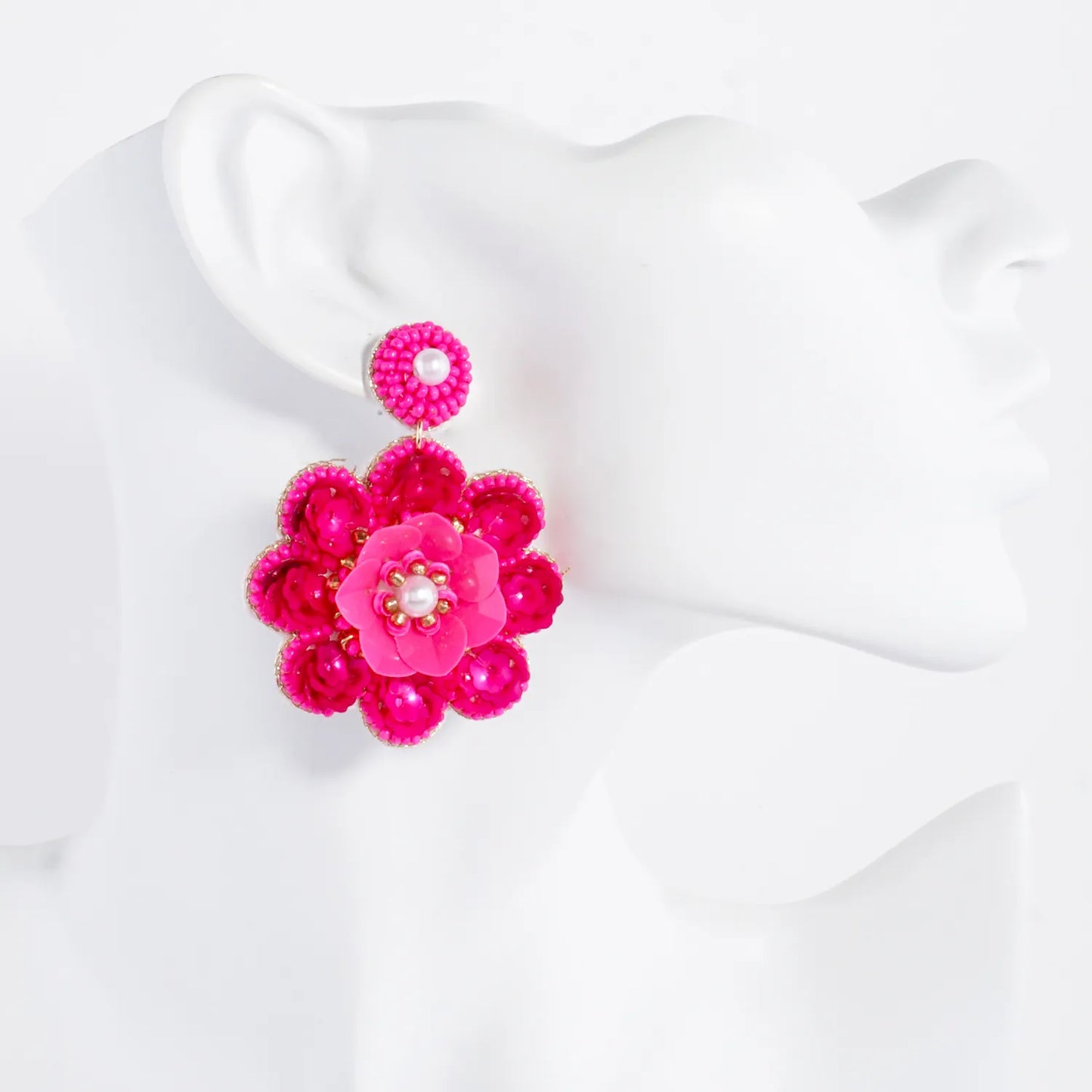 Sequin Seed-Beaded Flower Drop Statement Earrings