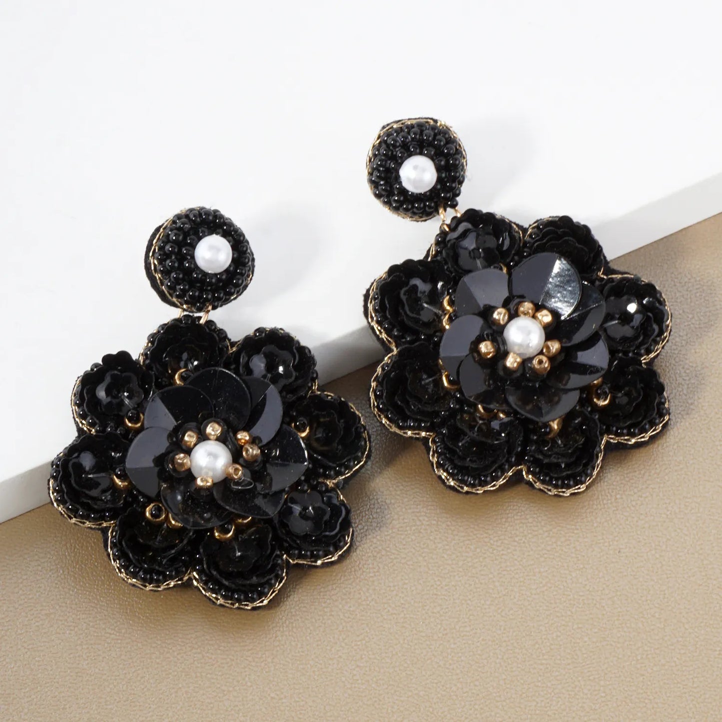 Sequin Seed-Beaded Flower Drop Statement Earrings