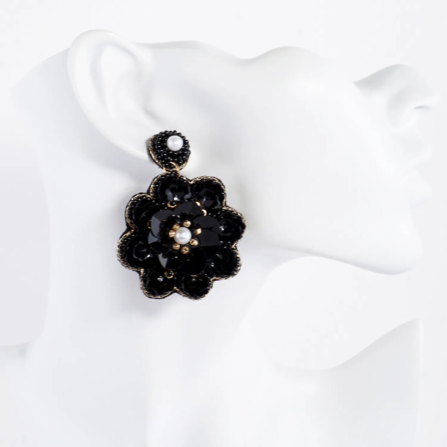 Sequin Seed-Beaded Flower Drop Statement Earrings
