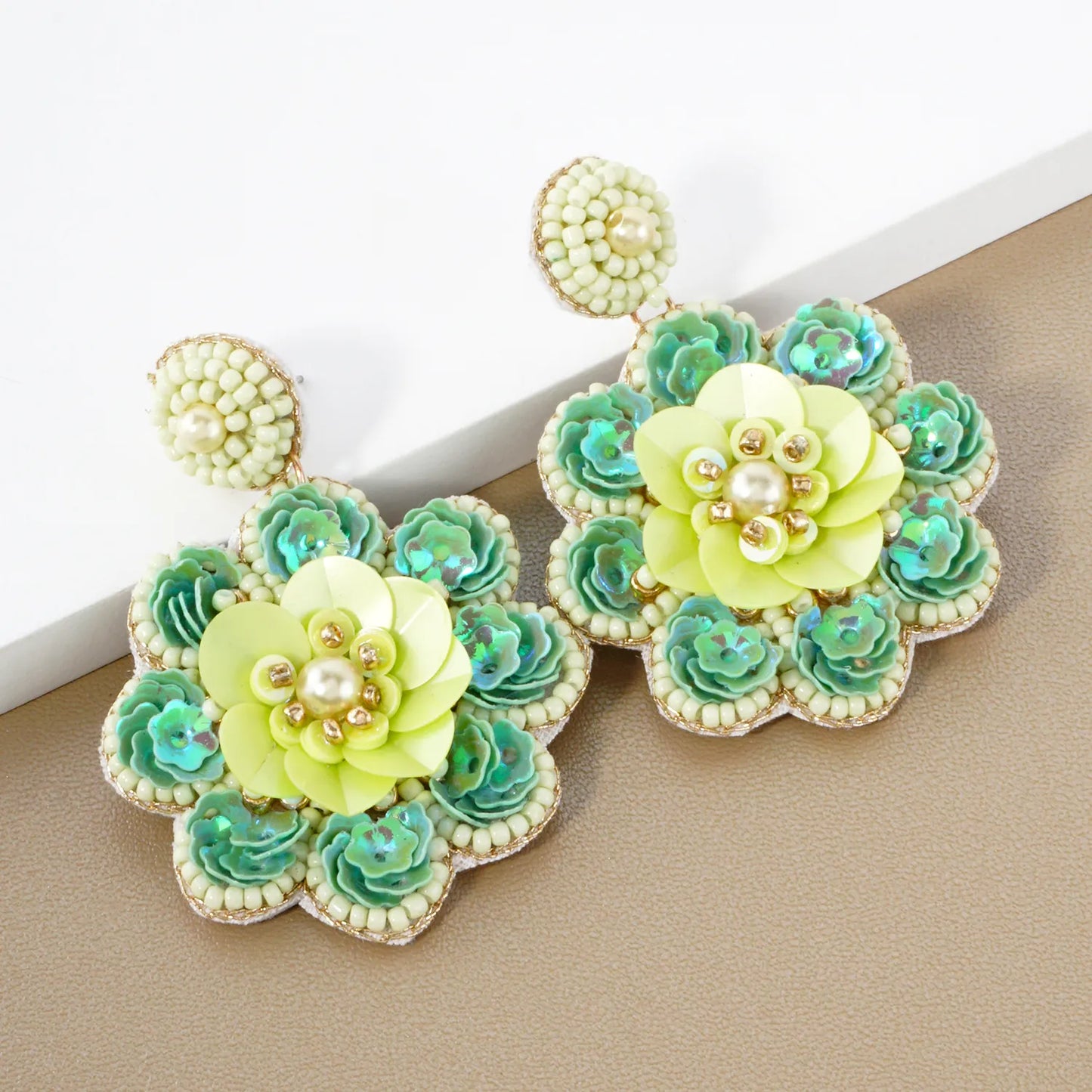 Sequin Seed-Beaded Flower Drop Statement Earrings