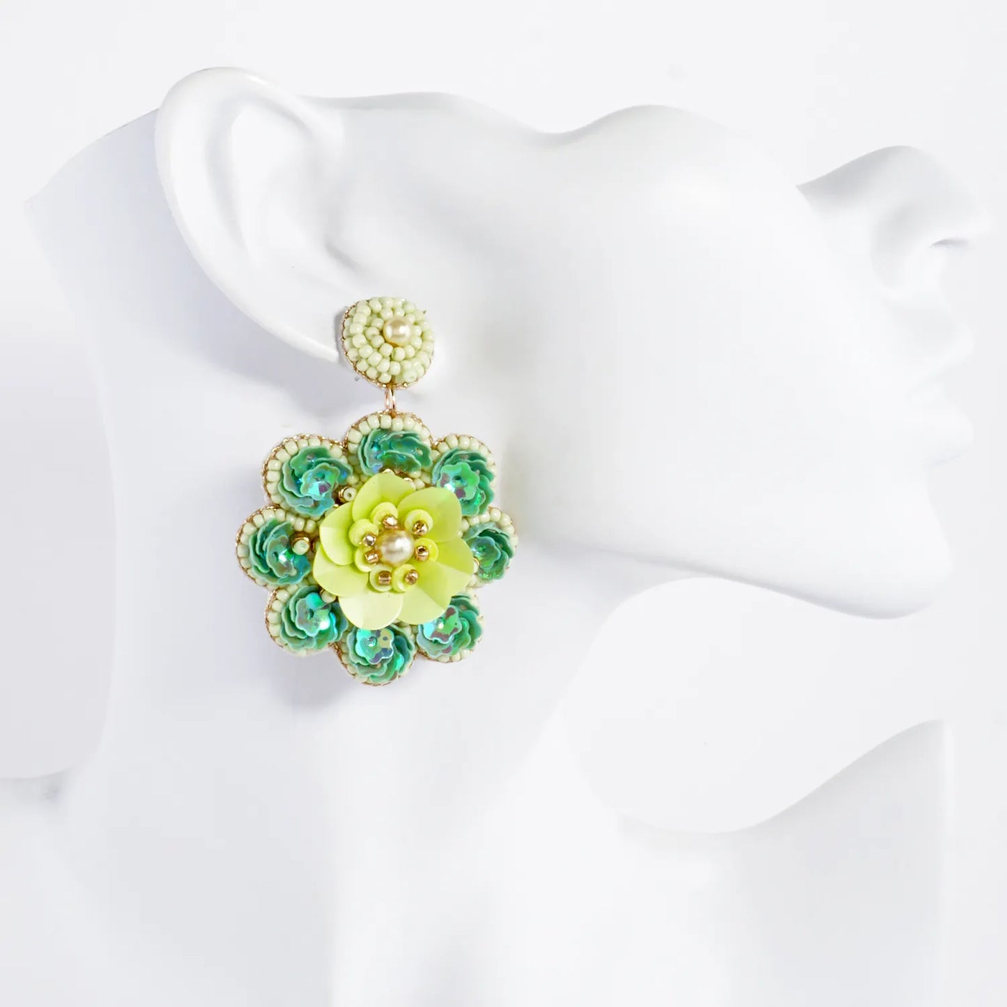 Sequin Seed-Beaded Flower Drop Statement Earrings