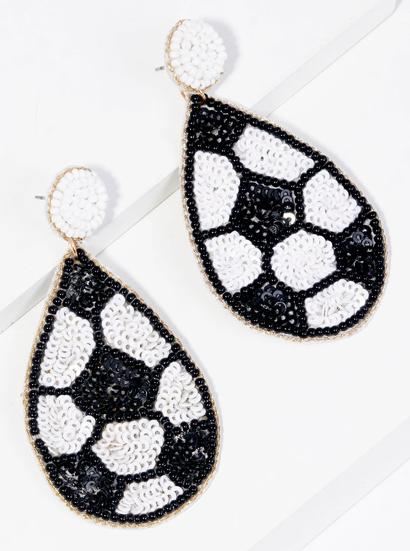 Sequin And Seed Beaded Soccer Ball Teardrop Dangle Earrings