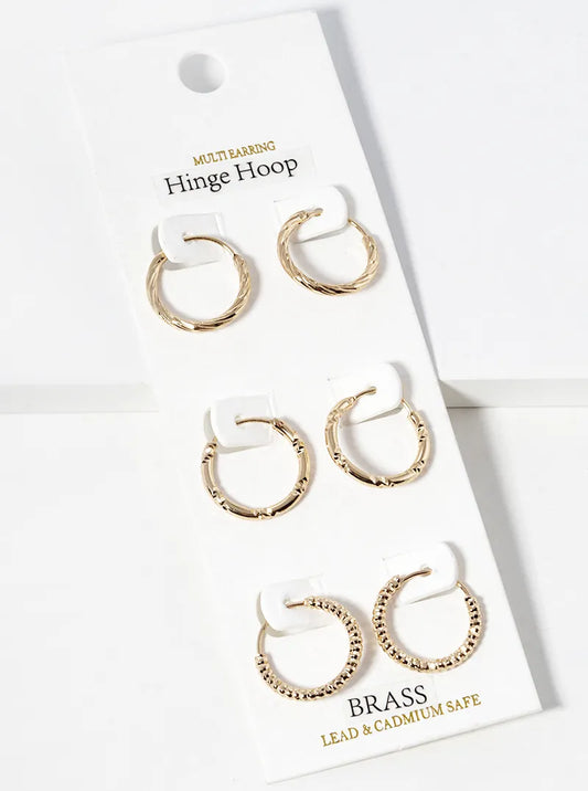 Set Of 3 Delicate Textured Brass Hinged Hoop Earrings