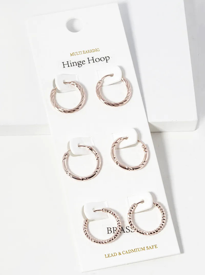 Set Of 3 Delicate Textured Brass Hinged Hoop Earrings