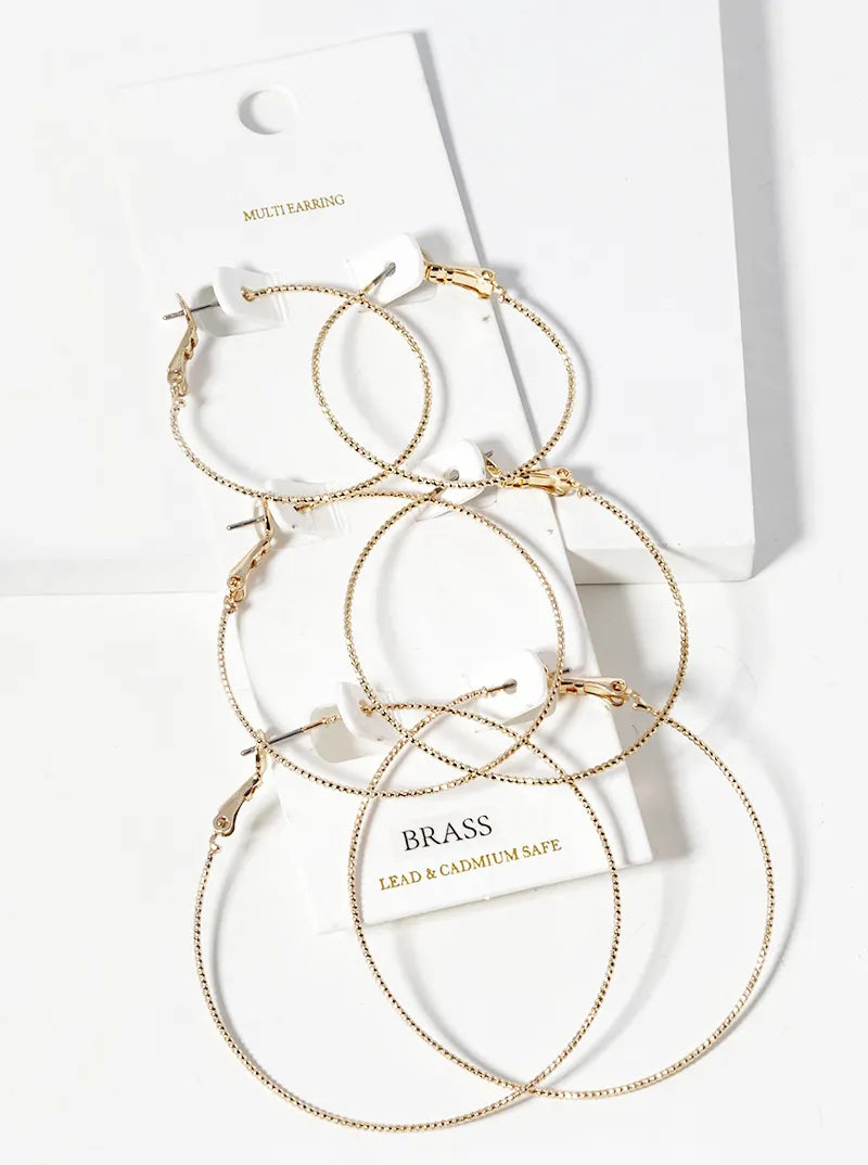 Set Of 3 Lightweight Brass Omega Back Hoop Earrings