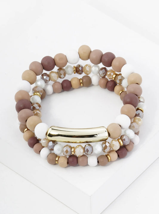 Set Of 3 Wood And Metallic Bead Stackable Stretch Bracelet