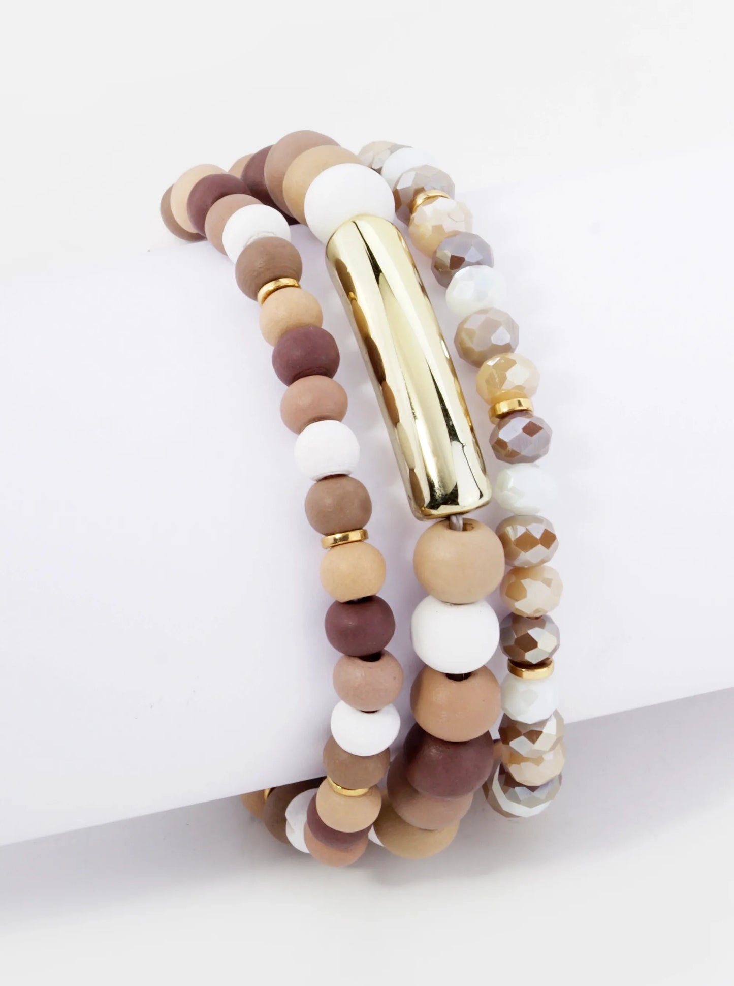 Set Of 3 Wood And Metallic Bead Stackable Stretch Bracelet