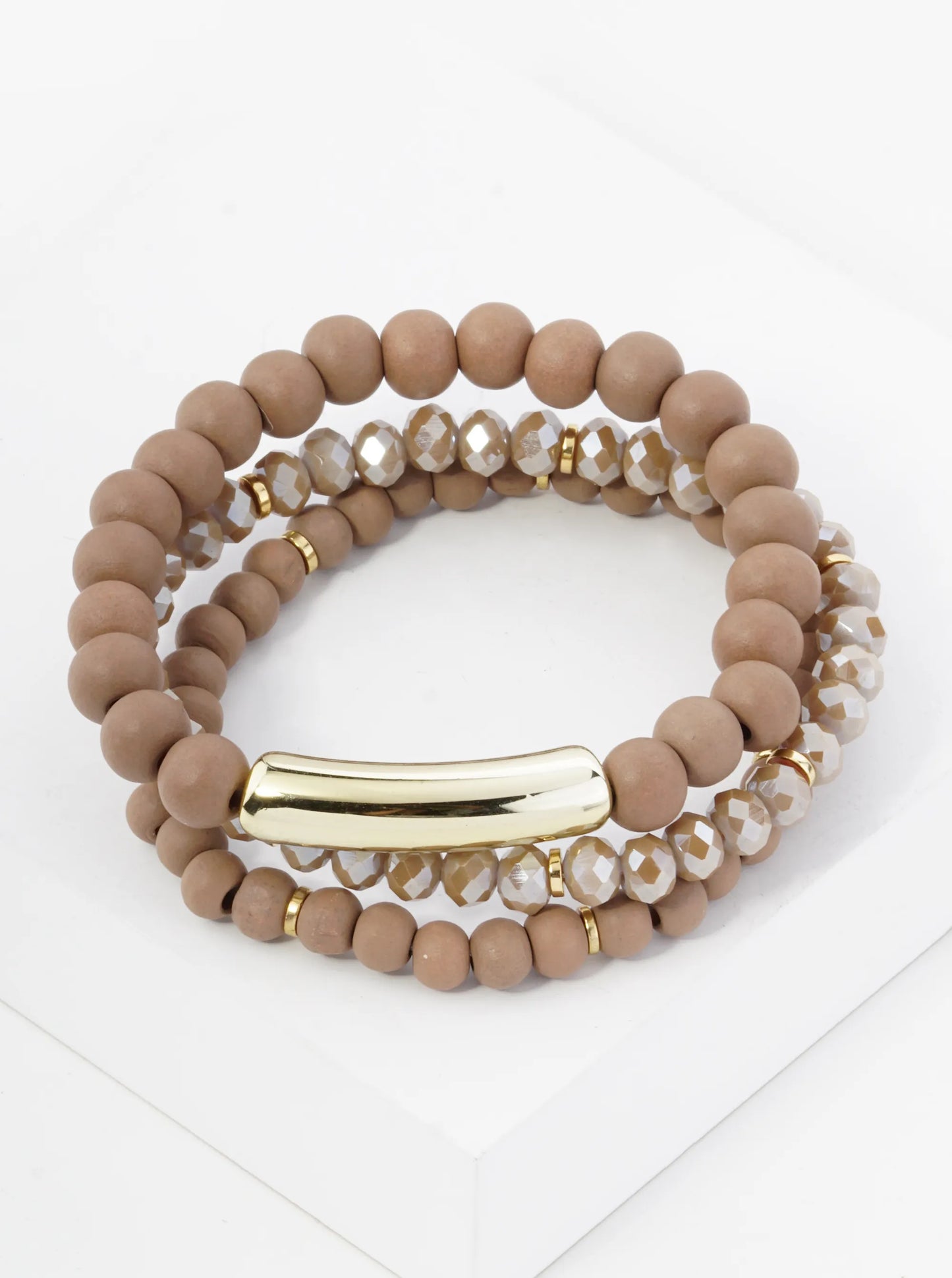 Set Of 3 Wood And Metallic Bead Stackable Stretch Bracelet