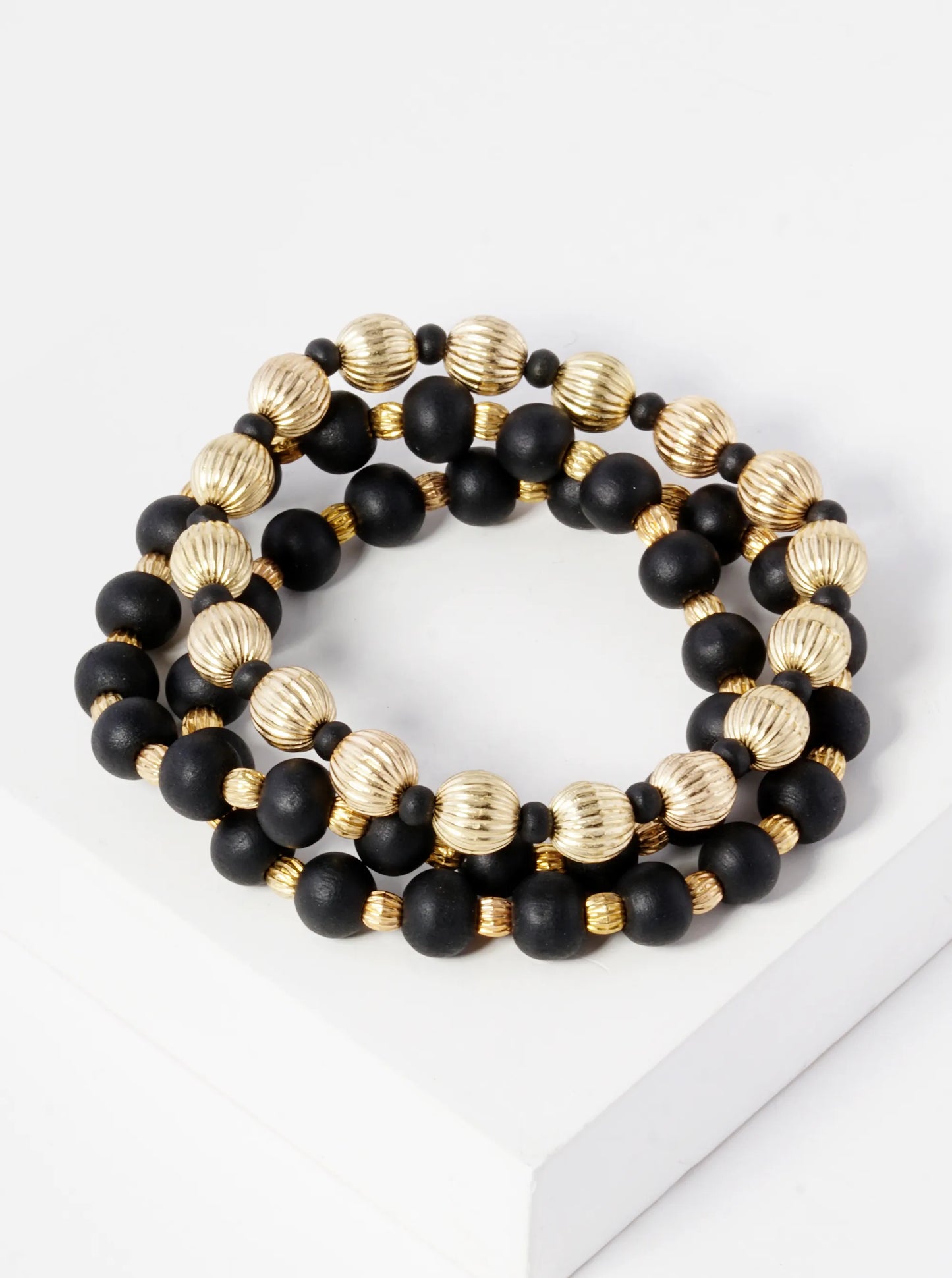 Set Of 3 Wood And Textured Metallic Bead Stackable Stretch Bracelet