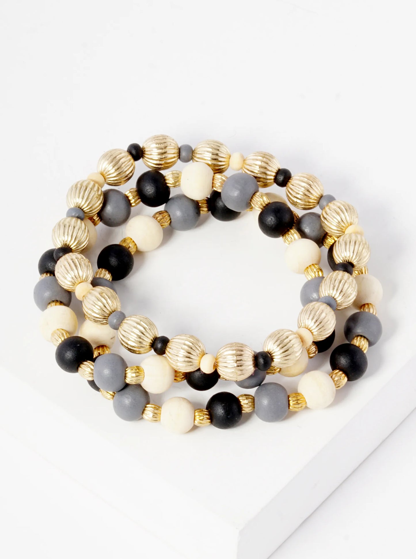 Set Of 3 Wood And Textured Metallic Bead Stackable Stretch Bracelet