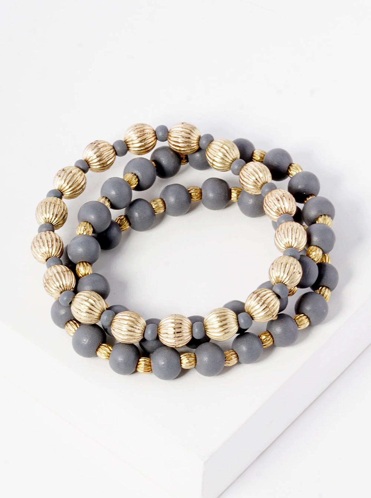 Set Of 3 Wood And Textured Metallic Bead Stackable Stretch Bracelet