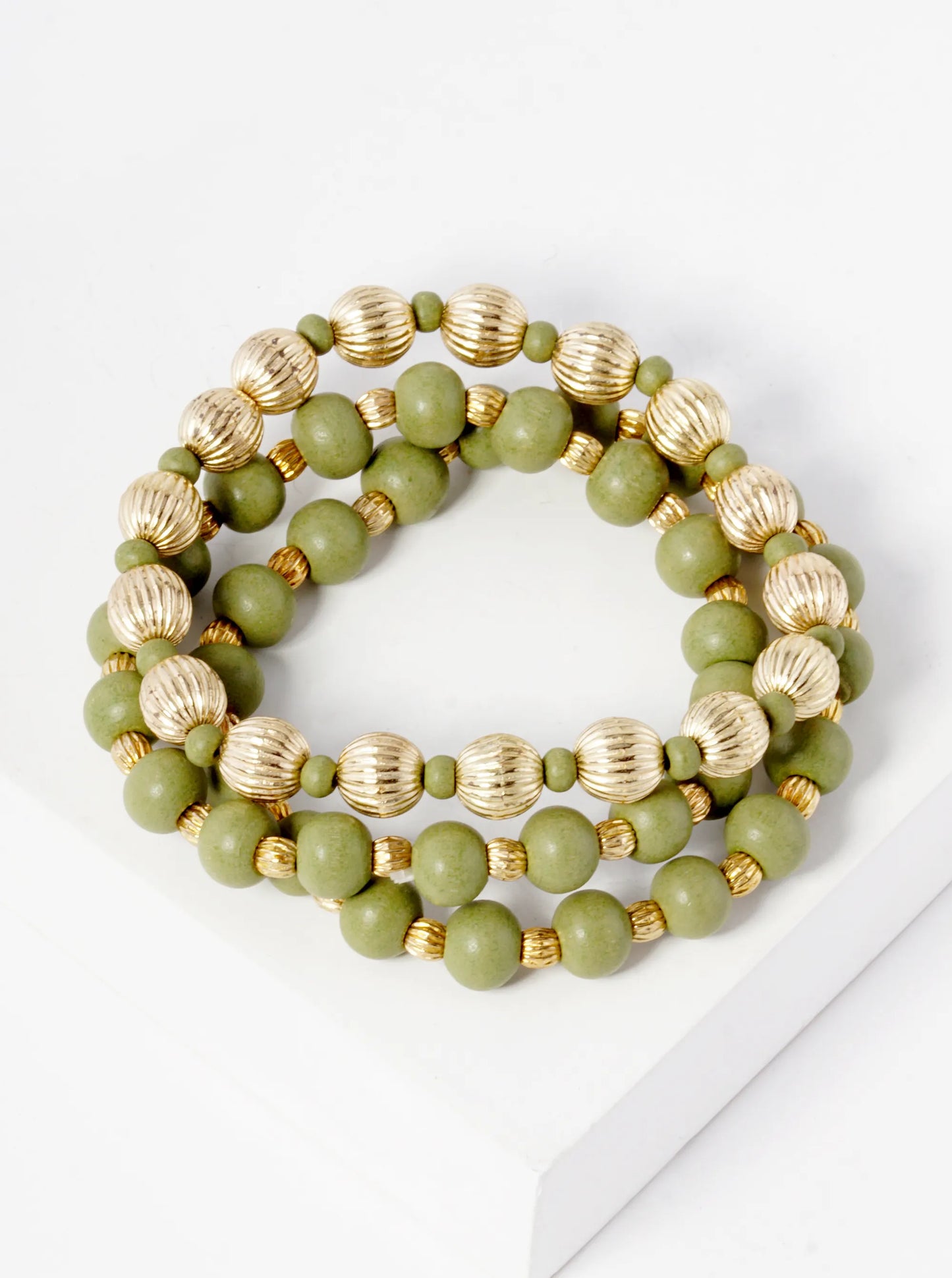 Set Of 3 Wood And Textured Metallic Bead Stackable Stretch Bracelet