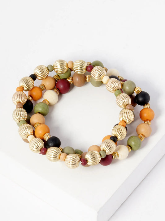 Set Of 3 Wood And Textured Metallic Bead Stackable Stretch Bracelet