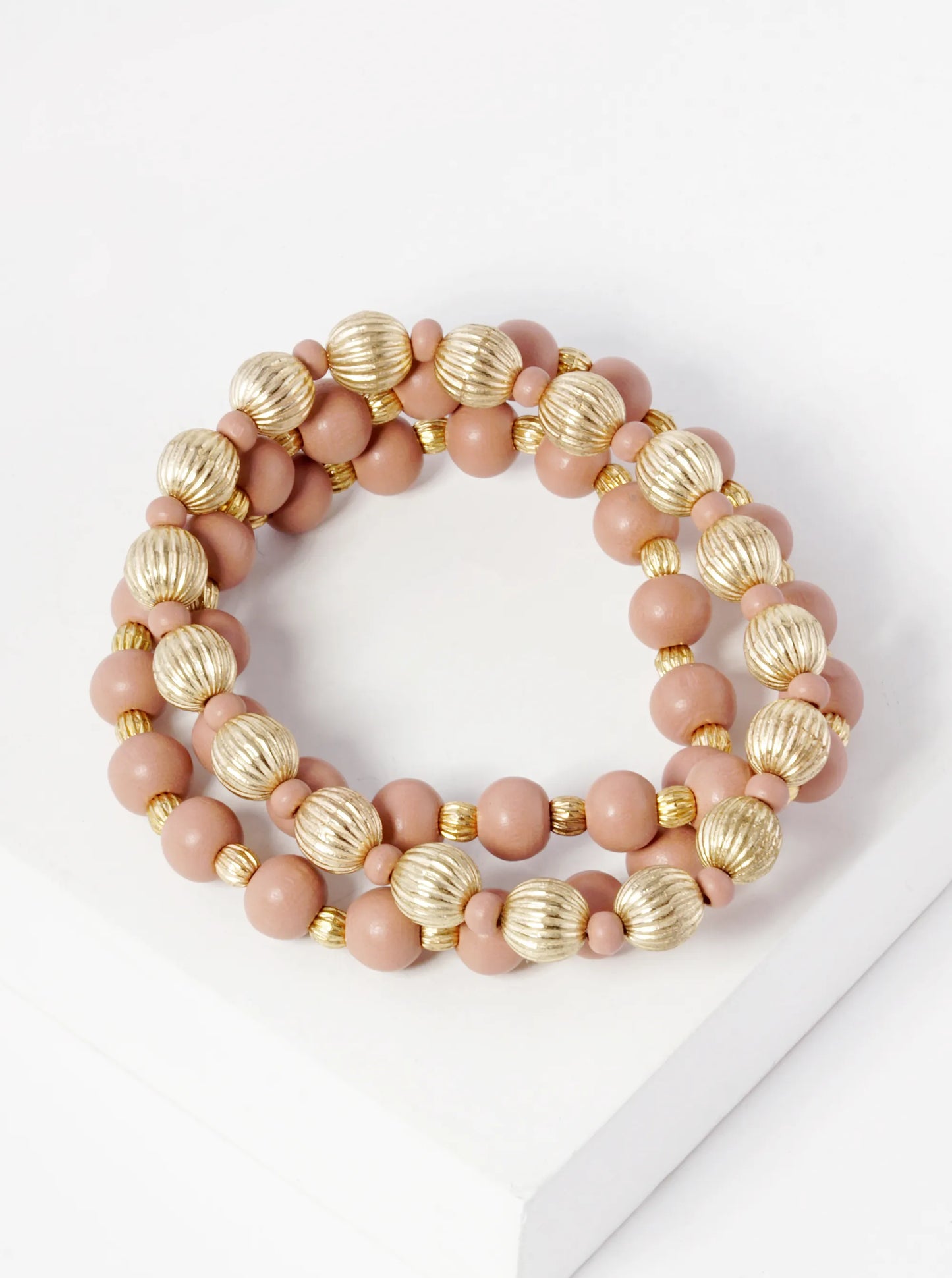 Set Of 3 Wood And Textured Metallic Bead Stackable Stretch Bracelet