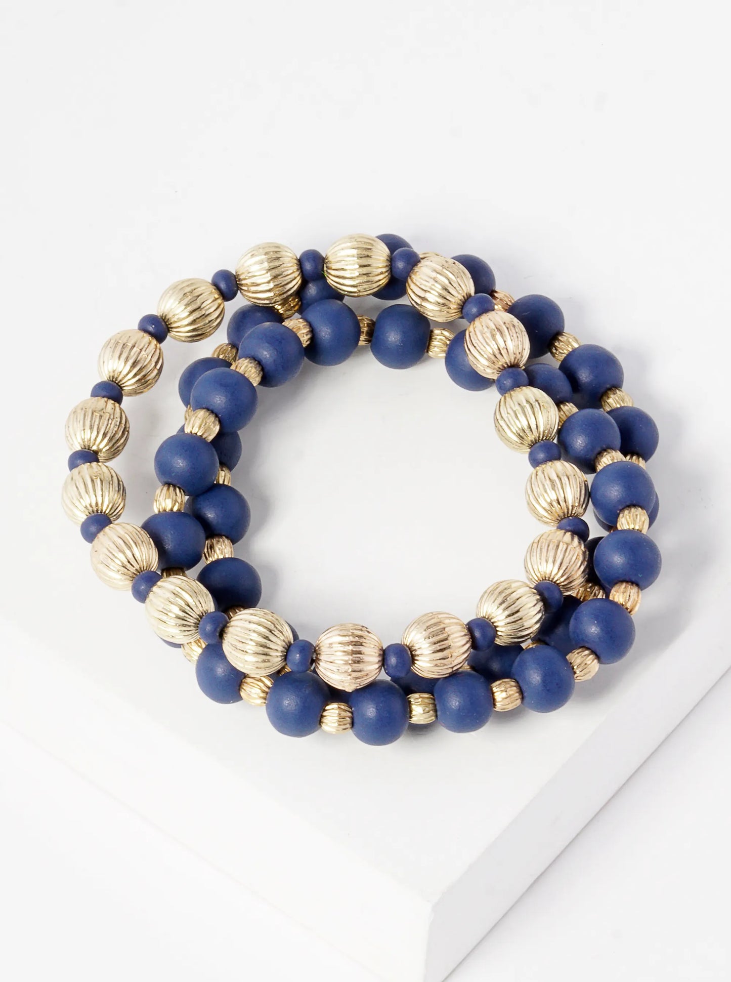 Set Of 3 Wood And Textured Metallic Bead Stackable Stretch Bracelet