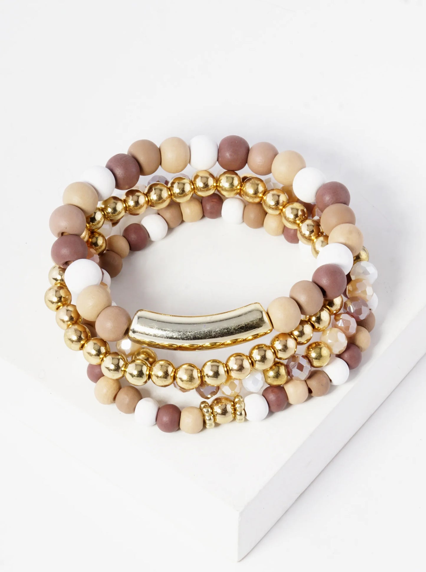Set Of 4 Wood And Metallic Bead Stackable Stretch Bracelet