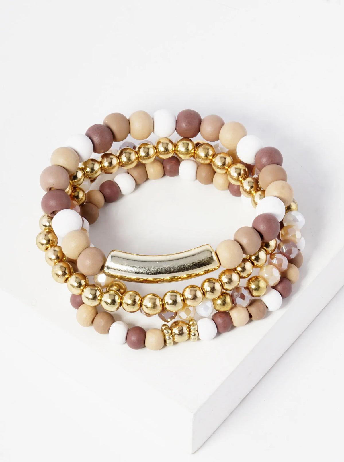 Set Of 4 Wood And Metallic Bead Stackable Stretch Bracelet