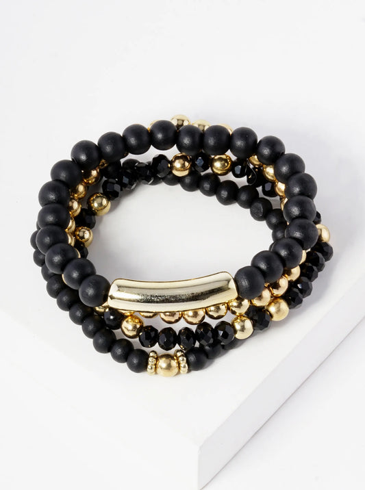 Set Of 4 Wood And Metallic Bead Stackable Stretch Bracelet