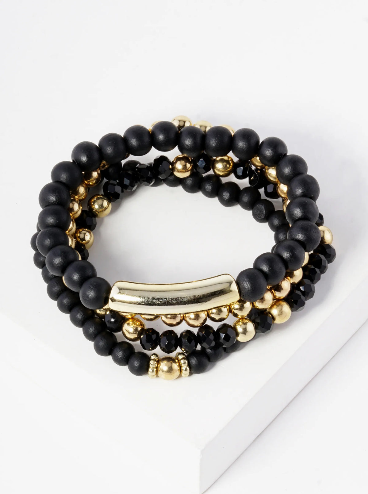 Set Of 4 Wood And Metallic Bead Stackable Stretch Bracelet