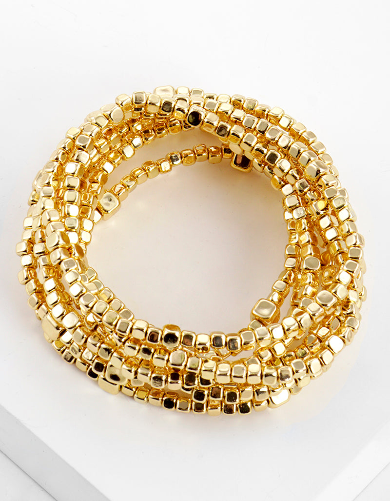 Set Of 9 Square Shaped Metallic Bead Stretch Stackable Bracelet
