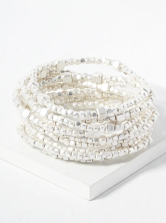 Set Of 9 Square Shaped Metallic Bead Stretch Stackable Bracelet