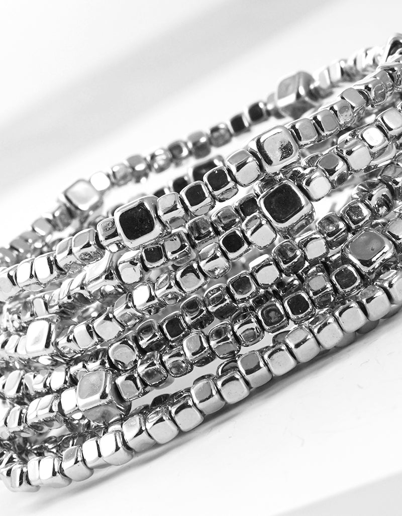 Set Of 9 Square Shaped Metallic Bead Stretch Stackable Bracelet