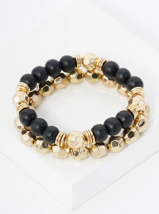 Set Of 2 Color Coated 10mm Wood And Faceted Metallic Beads Stackable Stretch Bracelet