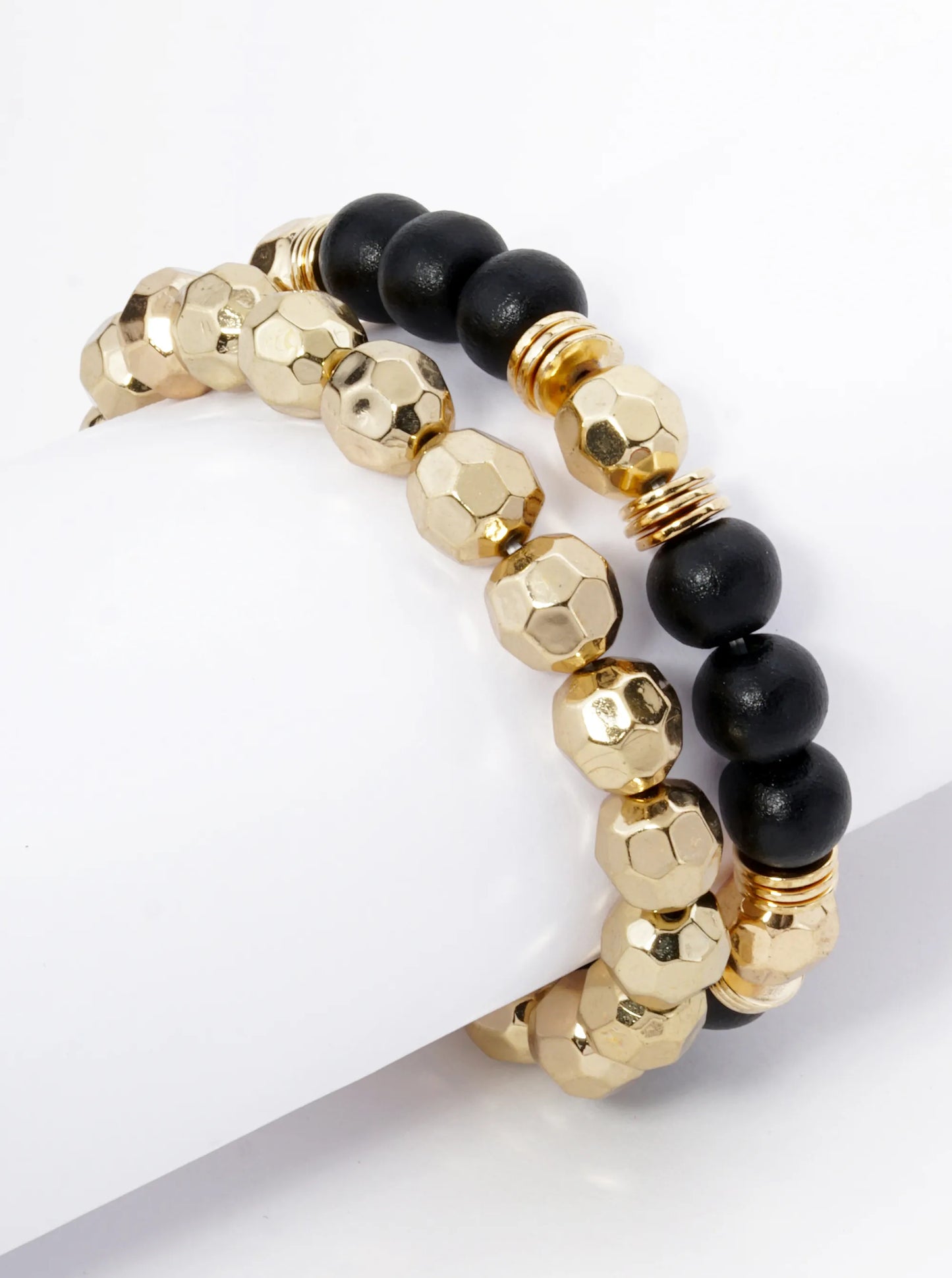 Set Of 2 Color Coated 10mm Wood And Faceted Metallic Beads Stackable Stretch Bracelet