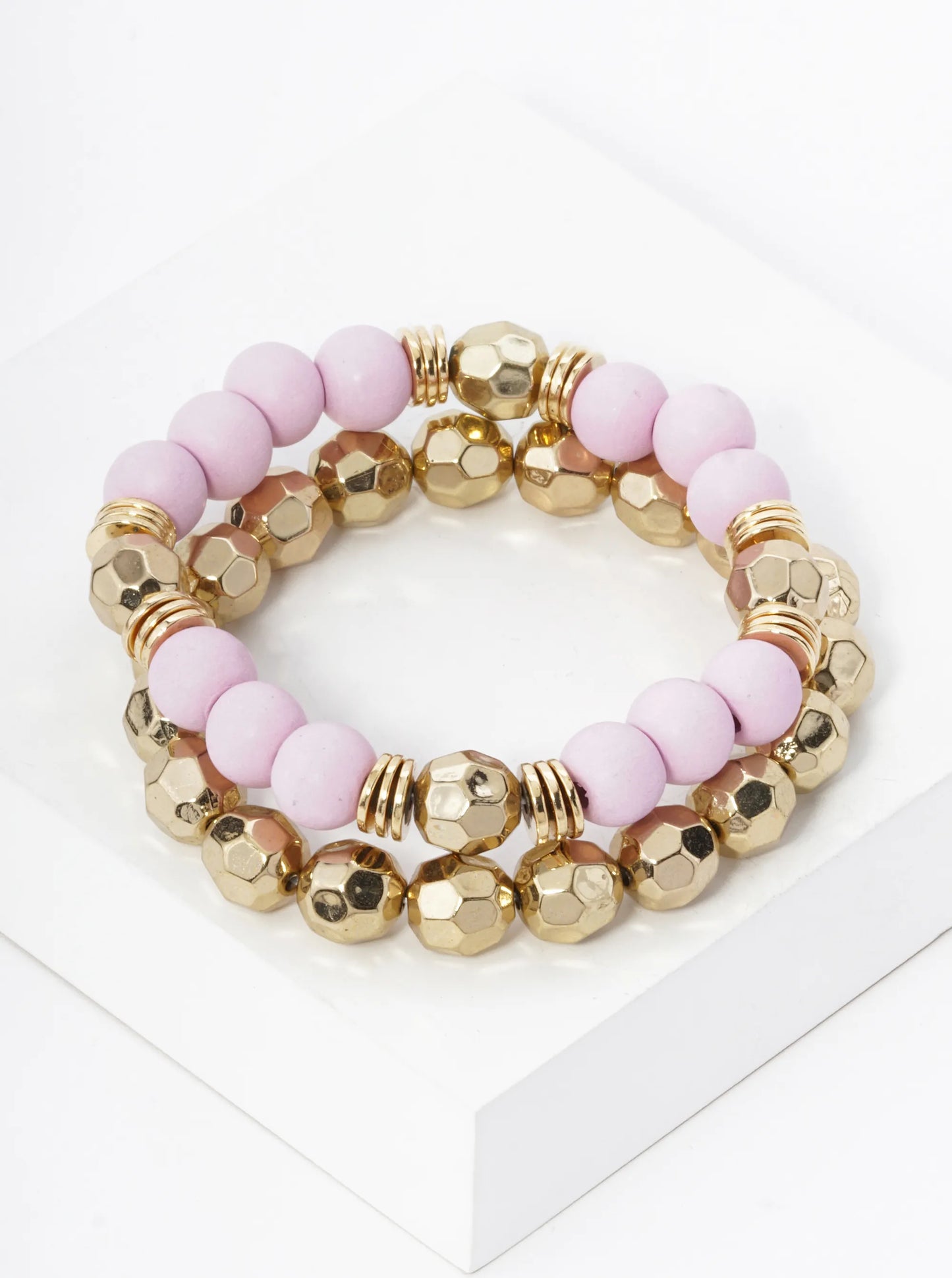 Set Of 2 Color Coated 10mm Wood And Faceted Metallic Beads Stackable Stretch Bracelet