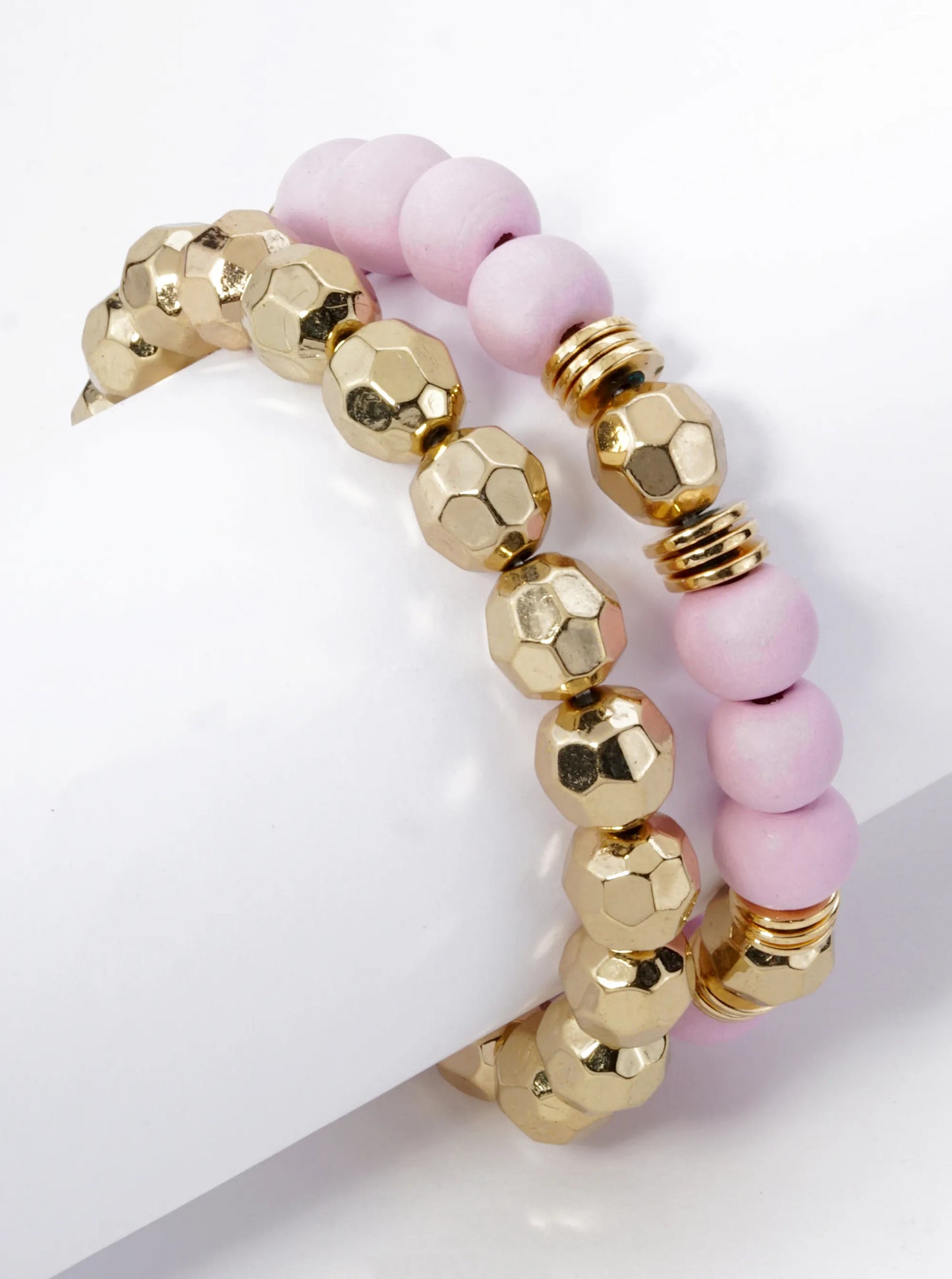 Set Of 2 Color Coated 10mm Wood And Faceted Metallic Beads Stackable Stretch Bracelet