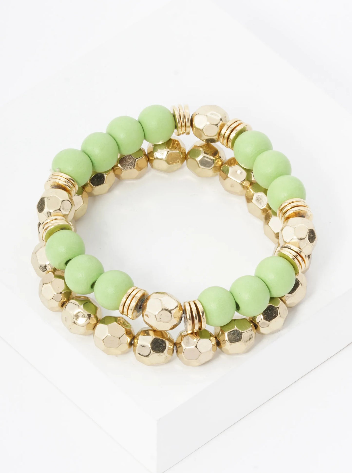 Set Of 2 Color Coated 10mm Wood And Faceted Metallic Beads Stackable Stretch Bracelet