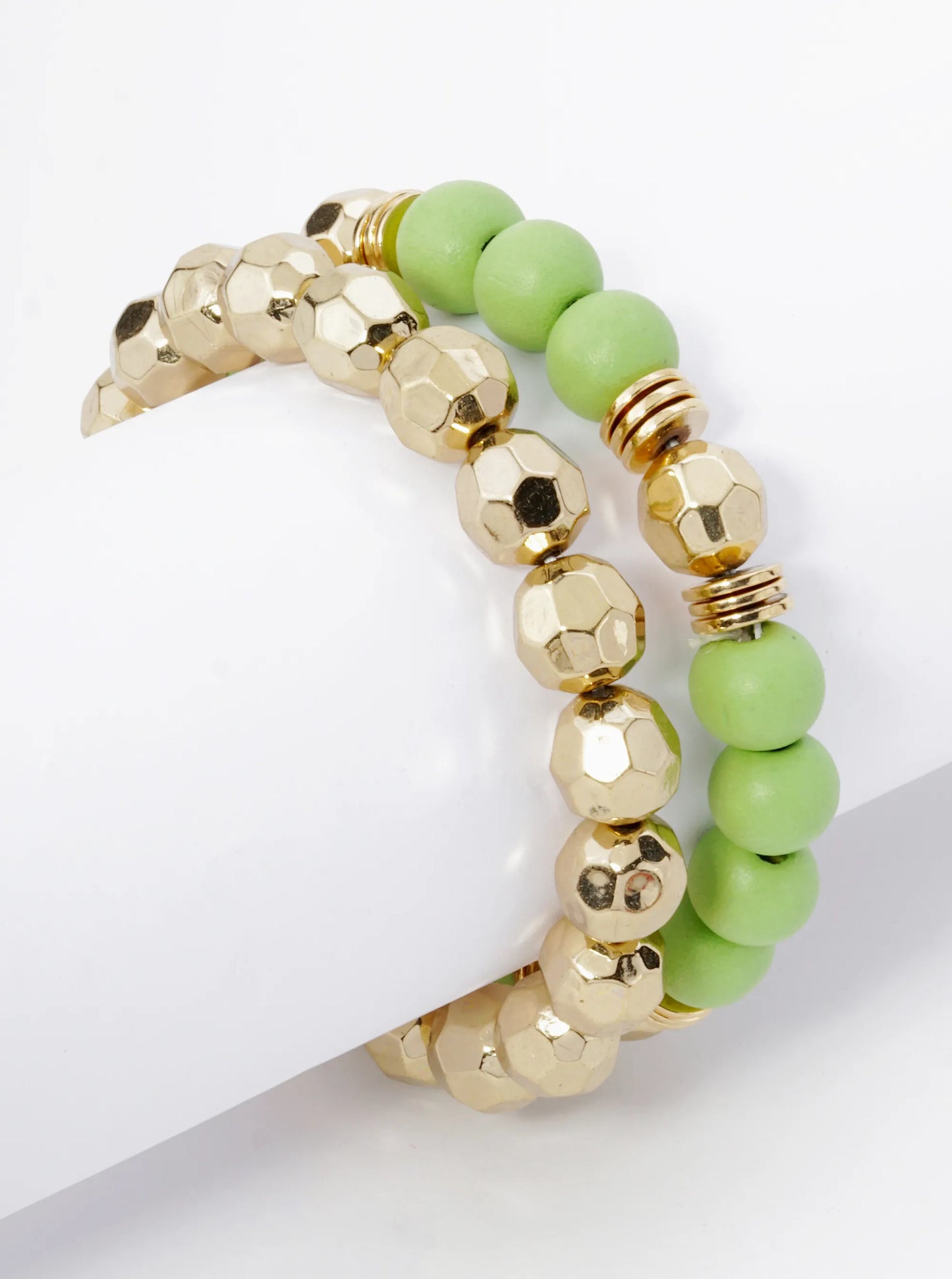 Set Of 2 Color Coated 10mm Wood And Faceted Metallic Beads Stackable Stretch Bracelet
