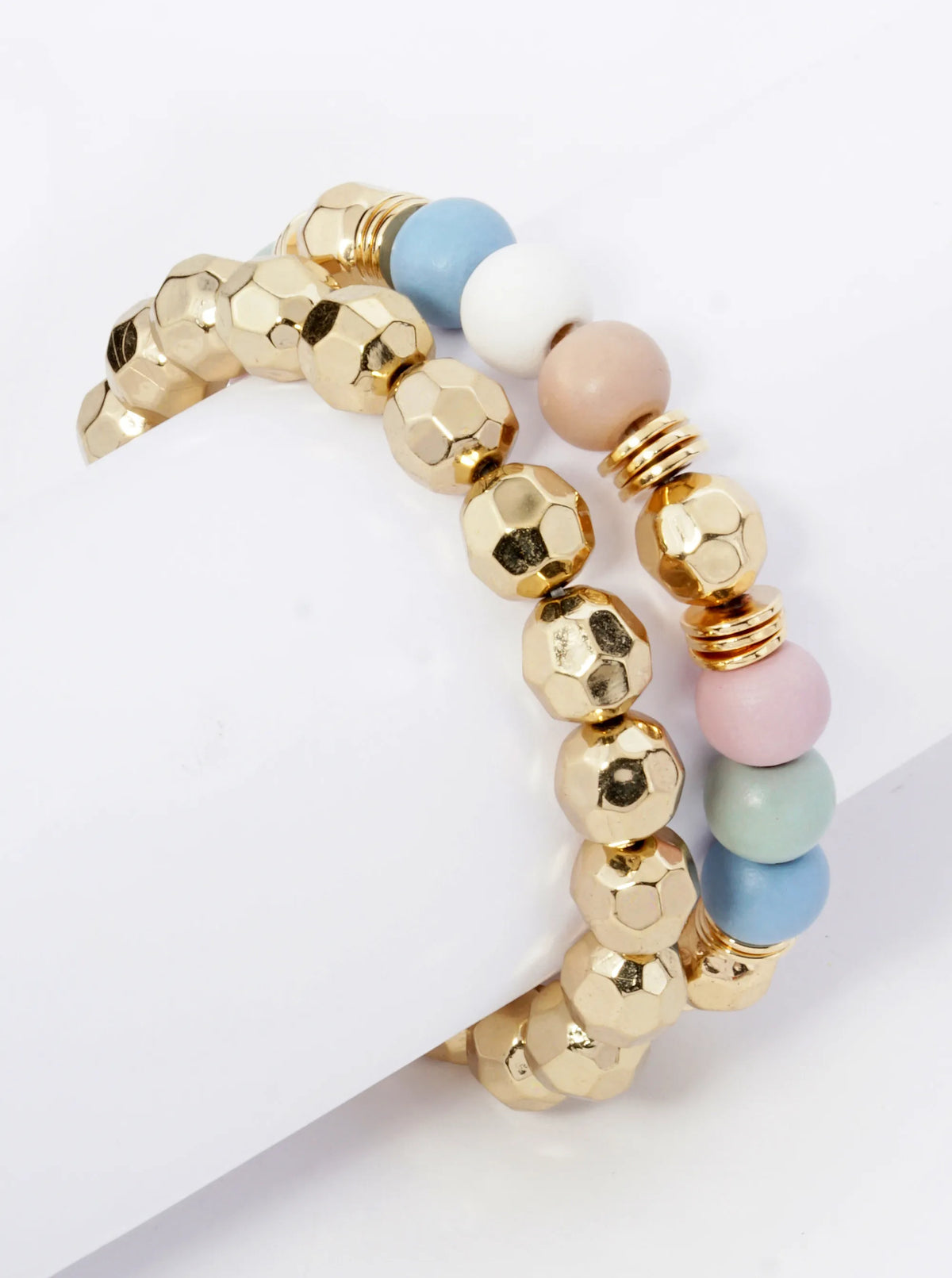 Set Of 2 Color Coated 10mm Wood And Faceted Metallic Beads Stackable Stretch Bracelet
