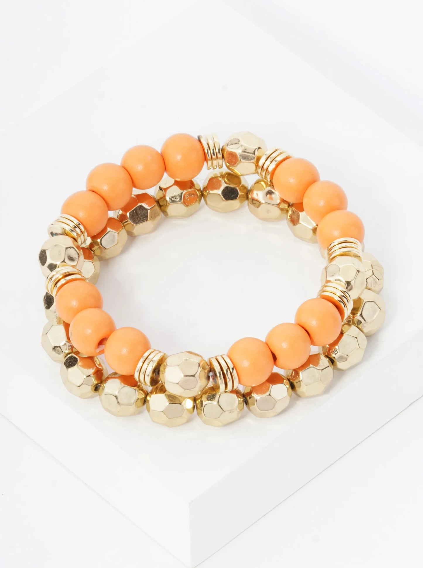 Set Of 2 Color Coated 10mm Wood And Faceted Metallic Beads Stackable Stretch Bracelet