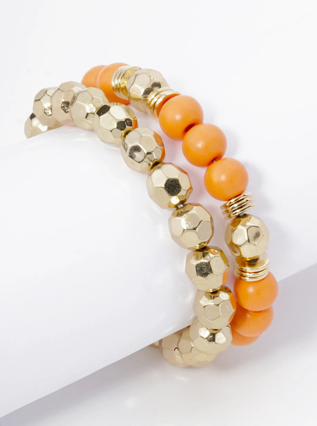 Set Of 2 Color Coated 10mm Wood And Faceted Metallic Beads Stackable Stretch Bracelet
