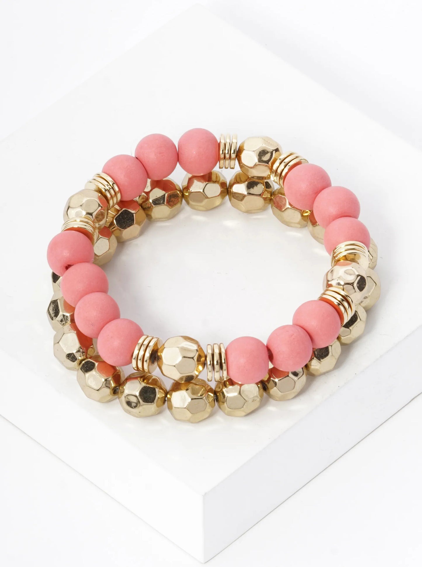 Set Of 2 Color Coated 10mm Wood And Faceted Metallic Beads Stackable Stretch Bracelet