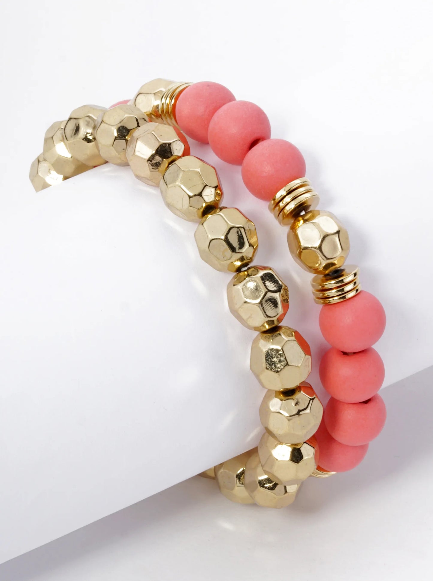 Set Of 2 Color Coated 10mm Wood And Faceted Metallic Beads Stackable Stretch Bracelet