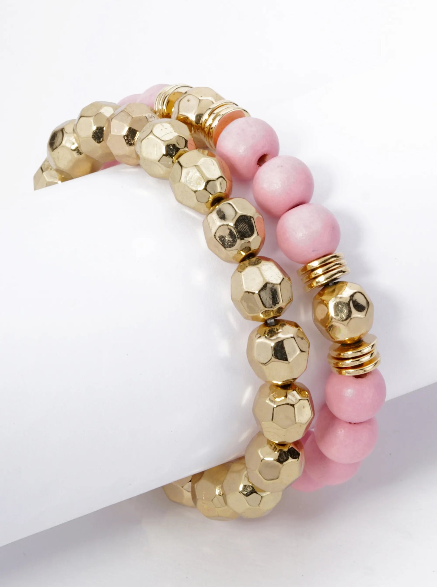 Set Of 2 Color Coated 10mm Wood And Faceted Metallic Beads Stackable Stretch Bracelet