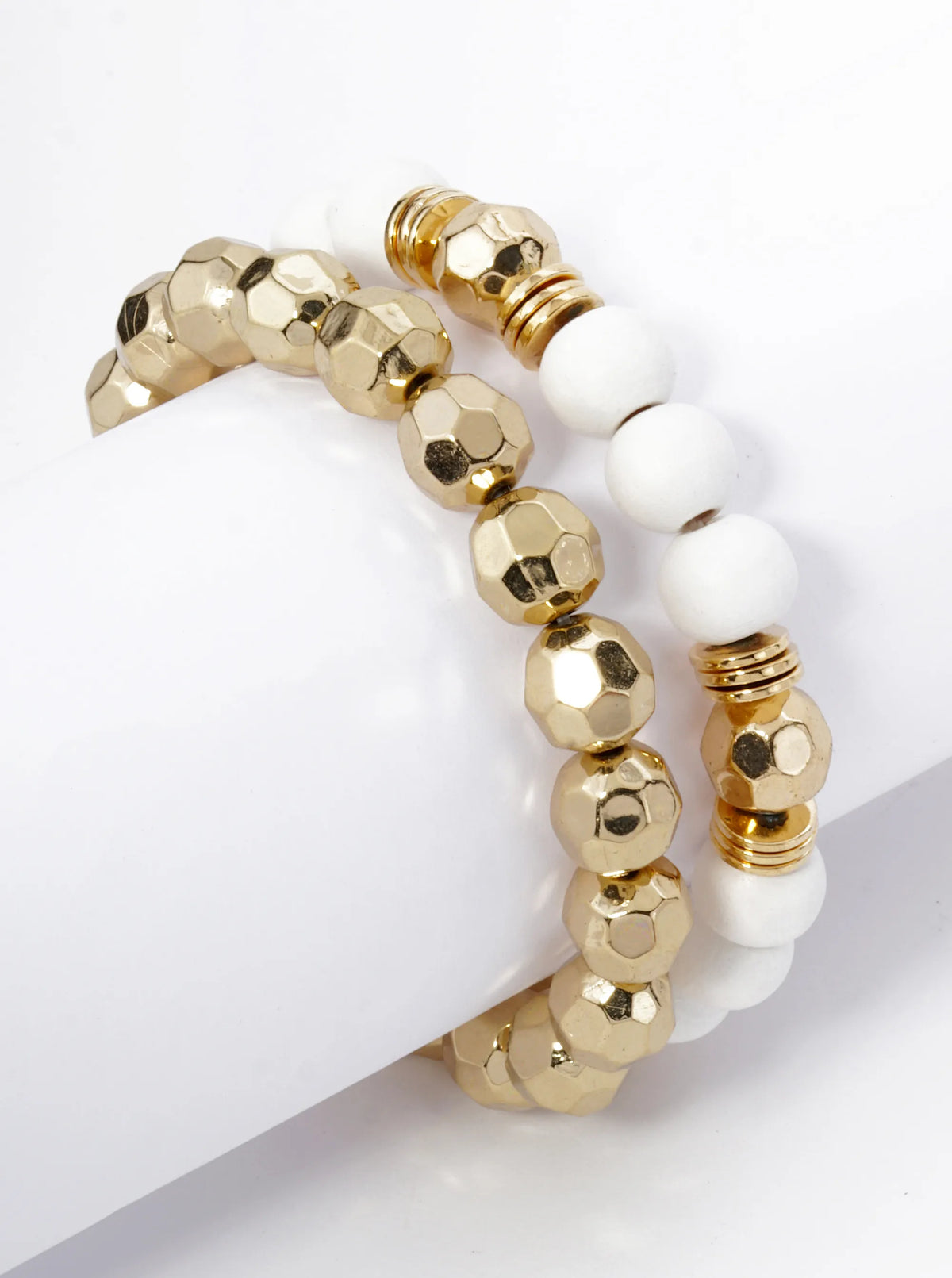 Set Of 2 Color Coated 10mm Wood And Faceted Metallic Beads Stackable Stretch Bracelet