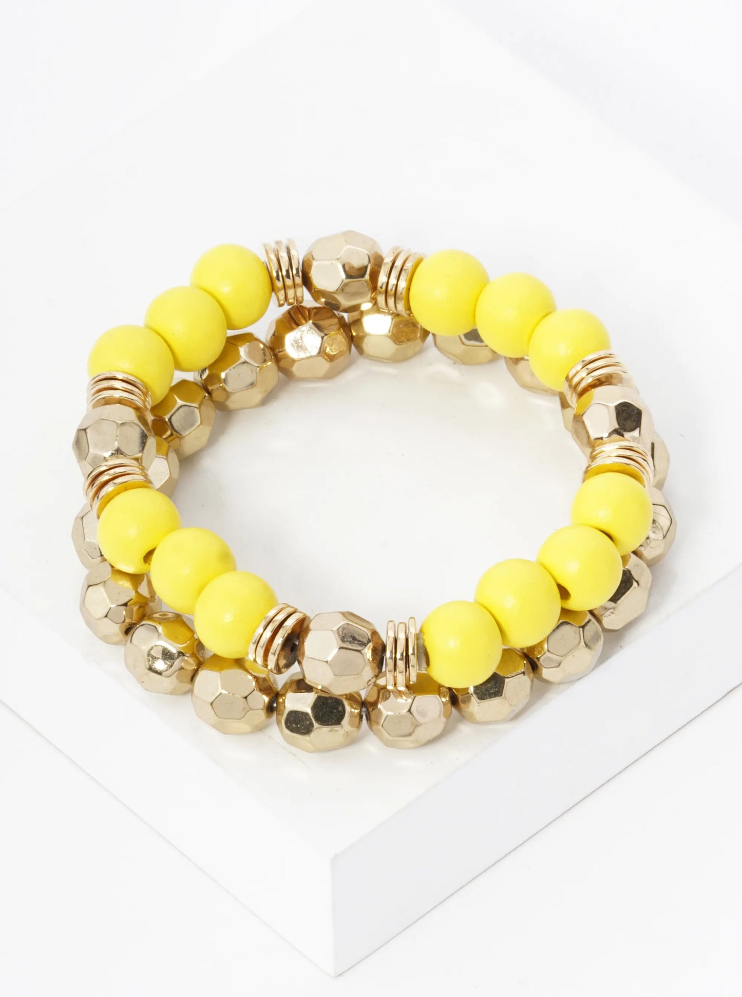 Set Of 2 Color Coated 10mm Wood And Faceted Metallic Beads Stackable Stretch Bracelet