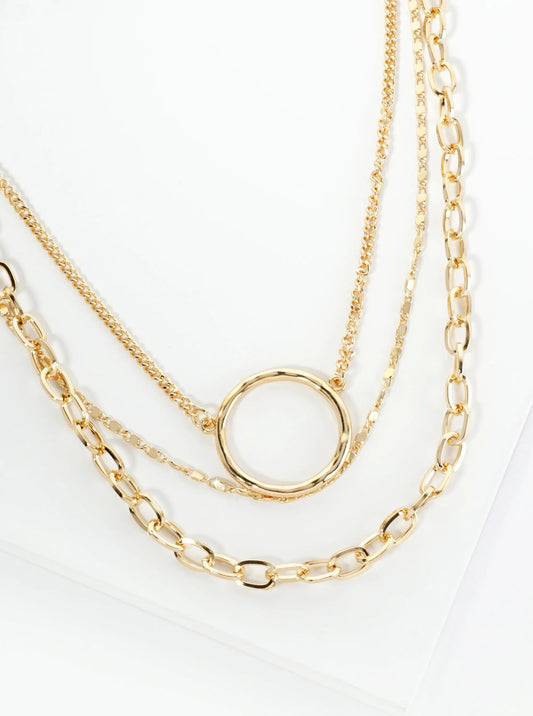 Set Of 2 Hammered Circle Pendant Layered Chain Necklace
